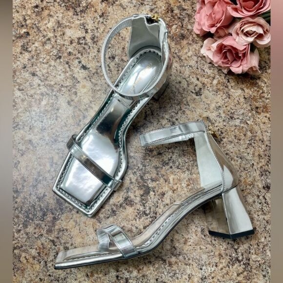 Good American Silver Block Heel Square Toe Sandals in Silver 7.5 - Picture 7 of 11